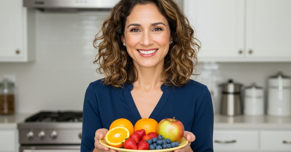 Laura Collins showcasing a plate of diabetes-friendly fruits: a vibrant selection of berries, apples, and citrus fruits for a healthy diet.