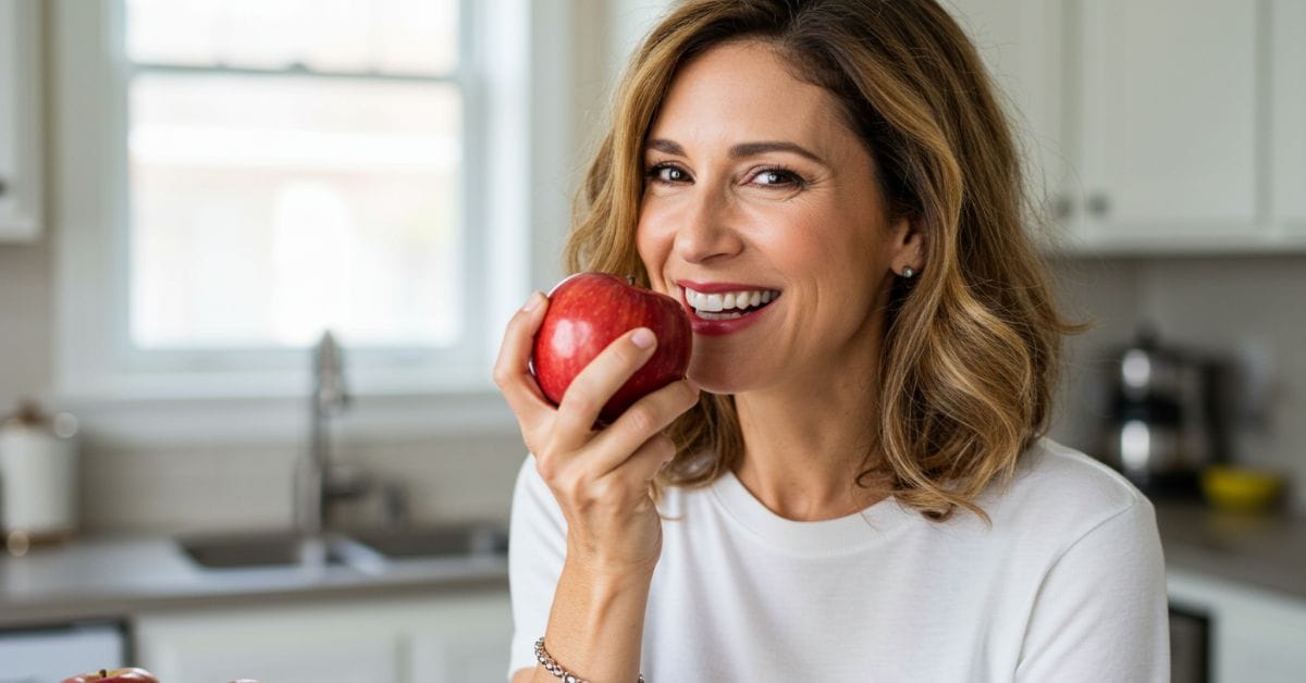 Laura Collins eating an apple: a delicious fruit for weight loss.