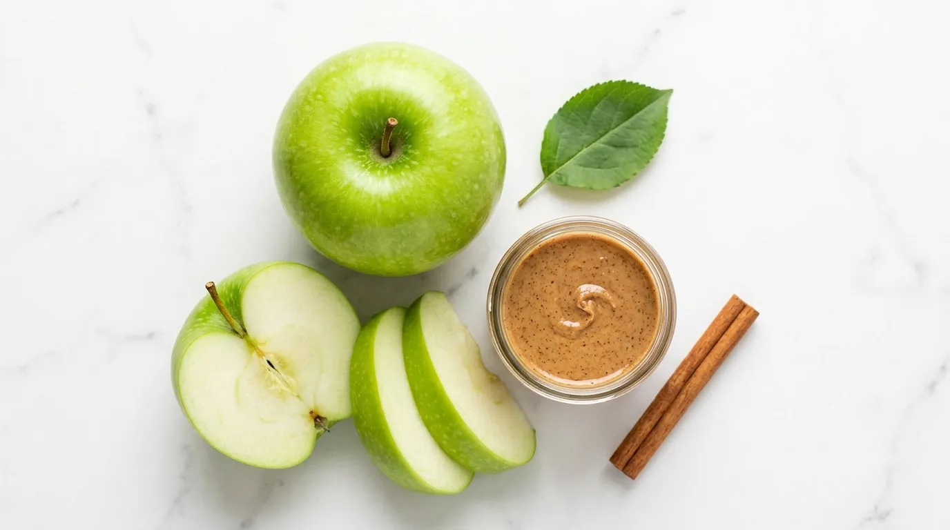apple-diabetes-blood-sugar-pre-meal-strategy Green apple sliced beside almond butter and cinnamon on white marble — apple pre-meal strategy for blood sugar management diabetes