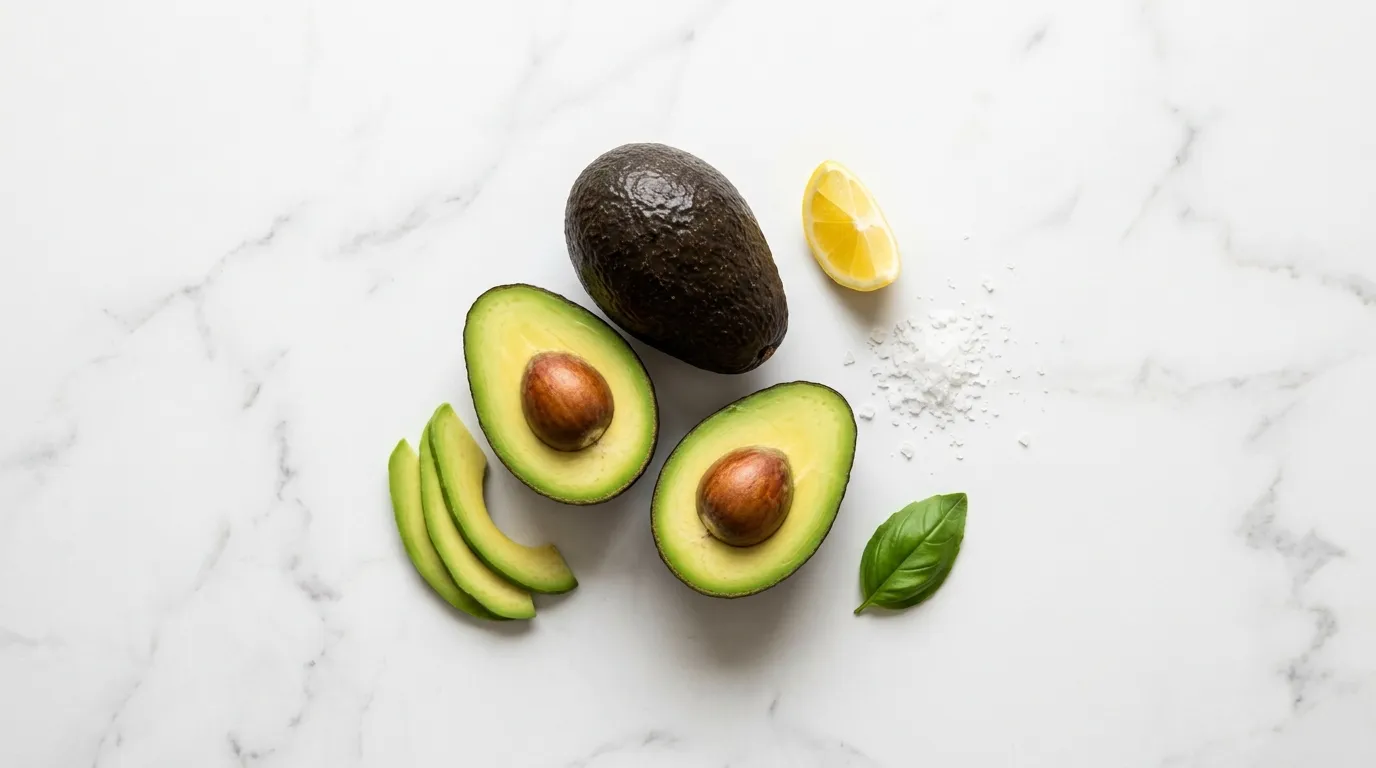 avocado-blood-sugar-neutral-fruit-diabetes Halved avocado with green flesh beside lemon and slices on white marble — avocado lowest GI fruit reduces blood sugar spikes diabetes