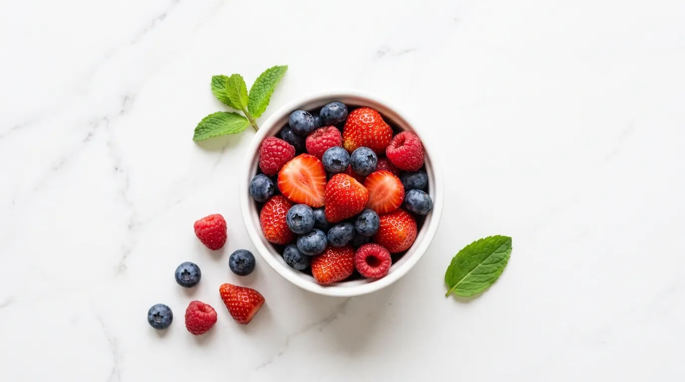 berries-best-fruit-diabetes-blood-sugar Bowl of fresh mixed blueberries strawberries and raspberries on white marble — best berries for diabetes blood sugar management