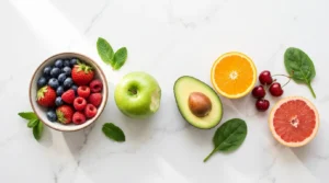 Fresh berries apple avocado orange cherries and grapefruit arranged on white marble — best fruits for diabetes low glycemic index blood sugar guide 2026