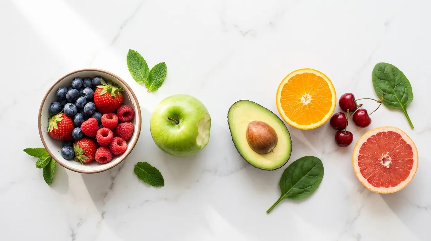 Fresh berries apple avocado orange cherries and grapefruit arranged on white marble — best fruits for diabetes low glycemic index blood sugar guide 2026