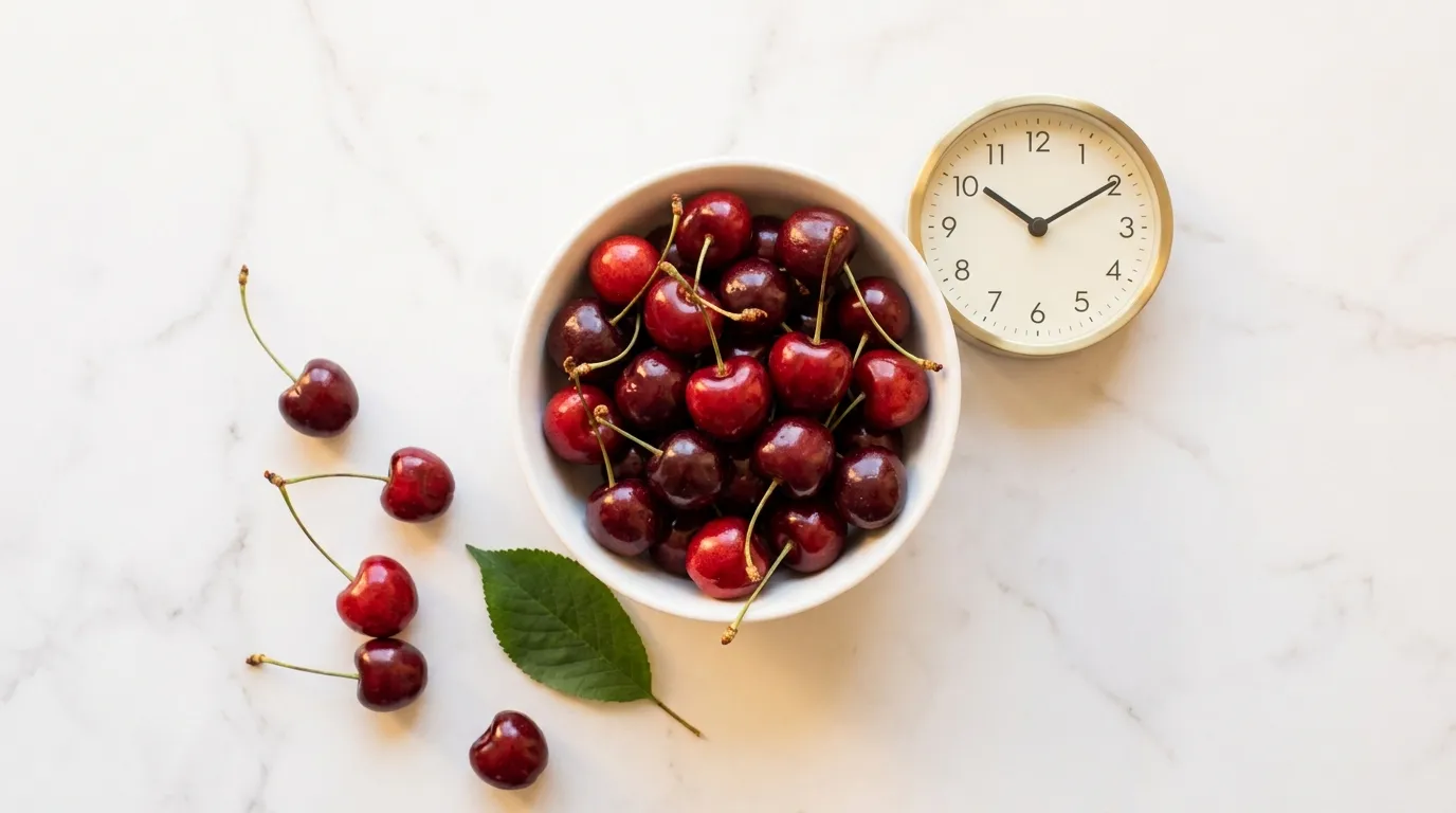 cherries-lowest-gi-fruit-diabetes-blood-sugar Bowl of fresh cherries with stems beside bedtime clock on white marble — cherries lowest GI fruit for diabetes blood sugar