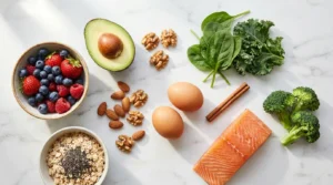 Flat lay of foods that naturally lower blood sugar including berries, avocado, salmon, almonds, eggs, spinach and cinnamon on white marble surface — complete guide 2026