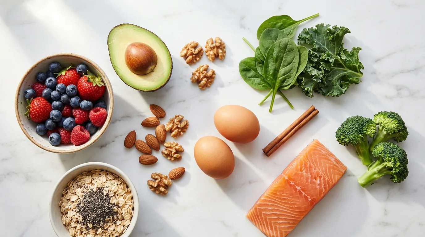 Flat lay of foods that naturally lower blood sugar including berries, avocado, salmon, almonds, eggs, spinach and cinnamon on white marble surface — complete guide 2026