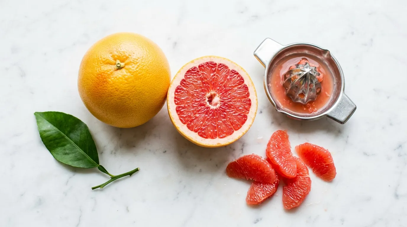 grapefruit-naringenin-insulin-sensitivity-diabetes Halved grapefruit showing pink interior beside juice squeezer on white marble — grapefruit improves insulin sensitivity diabetes