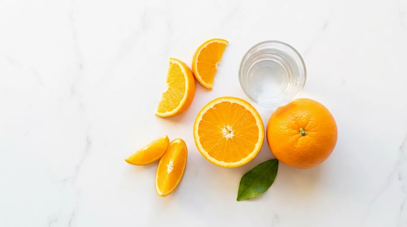 orange-whole-fruit-vs-juice-diabetes-blood-sugar Whole and halved orange beside water glass on white marble — eating whole orange vs juice blood sugar difference diabetes