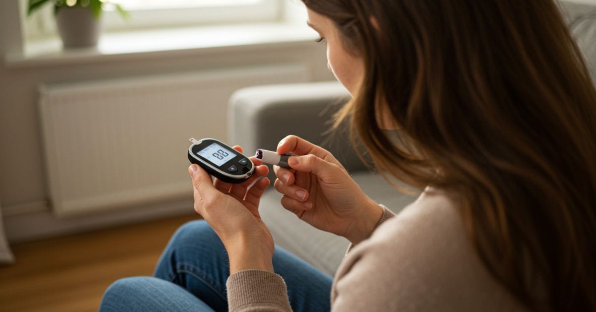 Person measuring blood sugar at home: a key step in diabetes management.