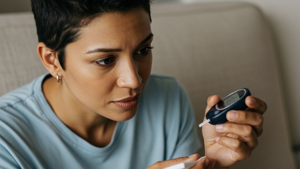 A table with healthy foods, such as vegetables, fruits and whole grains, next to a glucose meter, symbolizing the importance of balanced nutrition and monitoring to control and reverse pre-diabetes naturally.