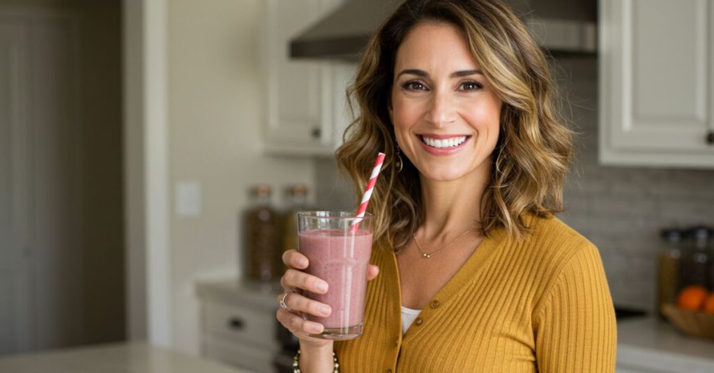 Laura Collins drinking a sugar-free smoothie.