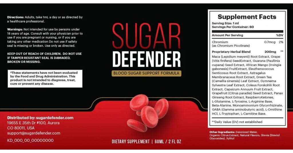 Close-up of Sugar Defender supplement label showing ingredients, dosage instructions, and blood sugar support information, clear and readable 2025 review image.
