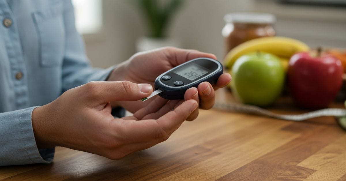 Person measuring blood sugar levels at home. Self-care for diabetes management.