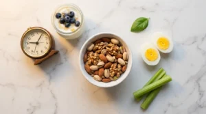Mixed nuts Greek yogurt hard boiled egg and celery beside a clock showing 9:30 PM on white marble — best bedtime snacks for diabetics blood sugar overnight guide 2026