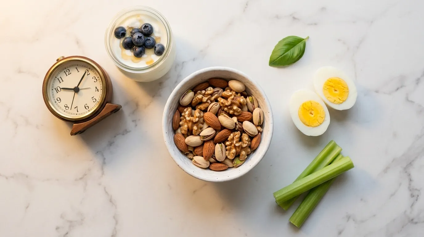 Mixed nuts Greek yogurt hard boiled egg and celery beside a clock showing 9:30 PM on white marble — best bedtime snacks for diabetics blood sugar overnight guide 2026