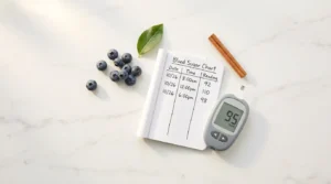 Blood sugar levels chart showing glucose meter, handwritten ranges and natural health elements — normal, prediabetes and diabetes ranges guide 2026