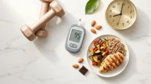 Glucose meter dumbbells balanced meal plate almonds dark chocolate and clock on white marble — how to keep blood sugar balanced 6 strategies that work 2026