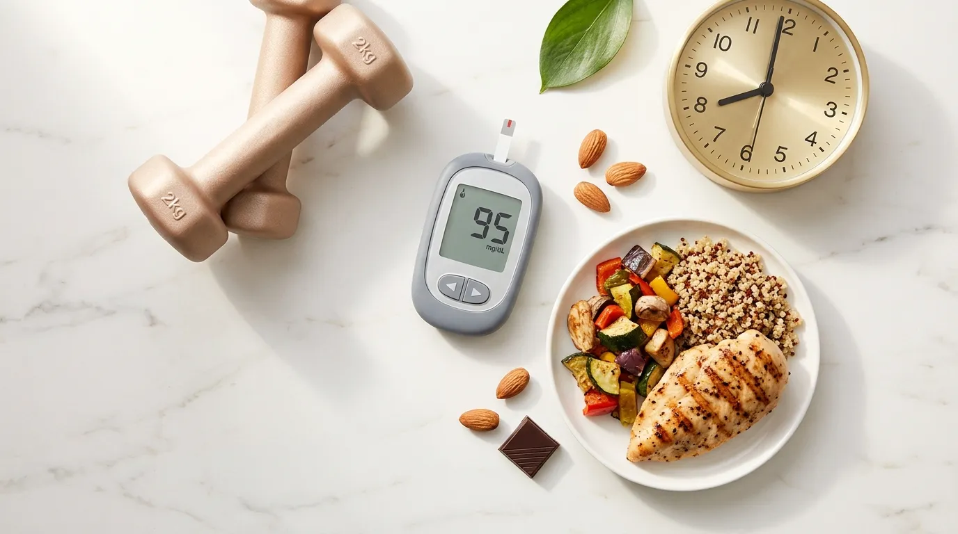 Glucose meter dumbbells balanced meal plate almonds dark chocolate and clock on white marble — how to keep blood sugar balanced 6 strategies that work 2026