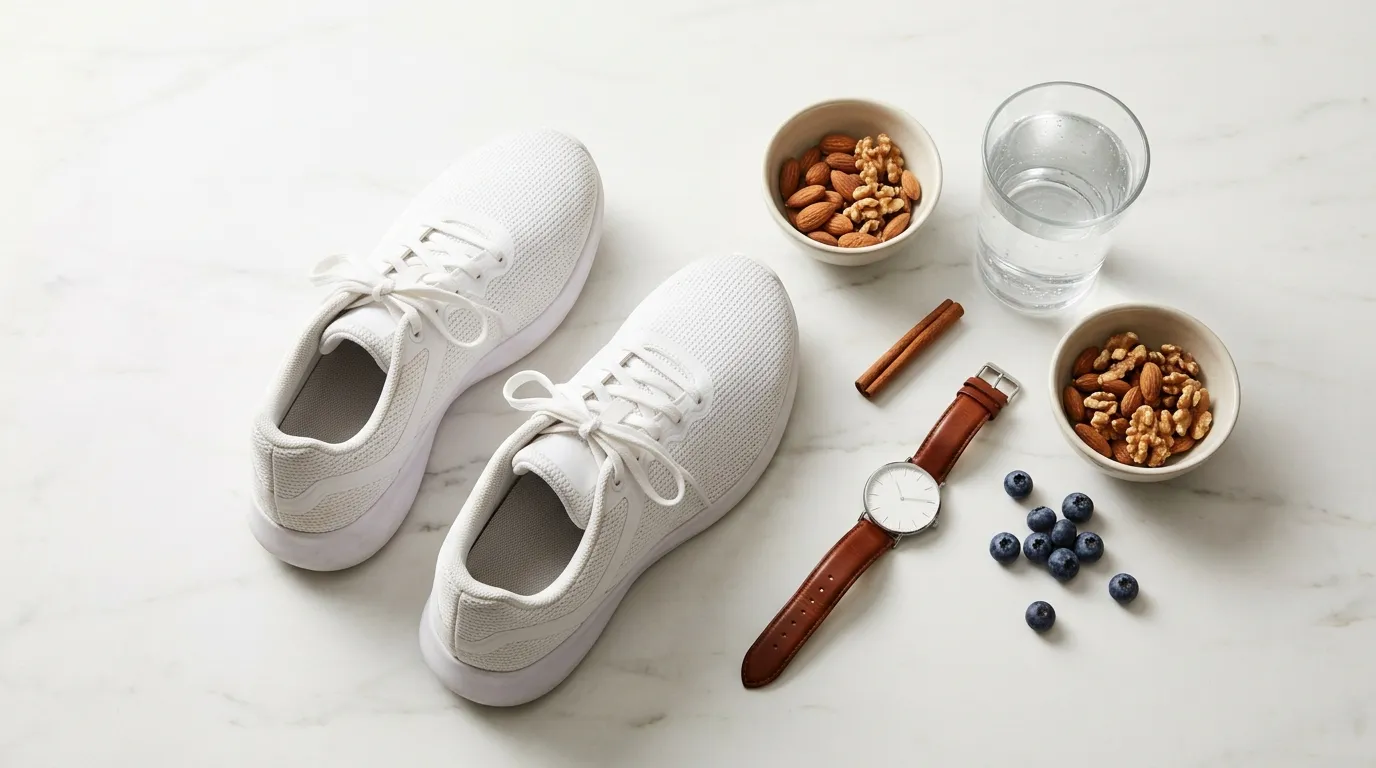 Running shoes, water glass, almonds and cinnamon on white marble surface — natural ways to lower blood sugar fast, immediate actions guide 2026