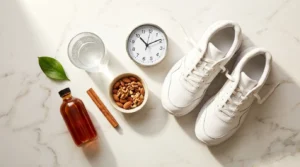 Clock, running shoes, water glass, almonds, cinnamon and apple cider vinegar on white marble — how to lower blood sugar quickly immediate actions guide 2026