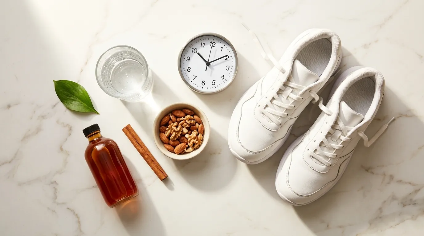 Clock, running shoes, water glass, almonds, cinnamon and apple cider vinegar on white marble — how to lower blood sugar quickly immediate actions guide 2026