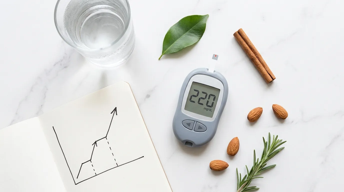 Glucose meter showing elevated reading beside water glass notebook and natural ingredients on white marble — hyperglycemia symptoms signs causes and solutions guide 2026