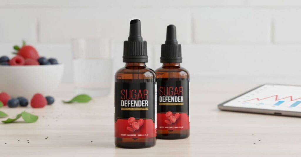 Sugar Defender blood sugar support supplement bottle on a clean, bright background, showcasing natural ingredients and healthy lifestyle, 2025 review image.