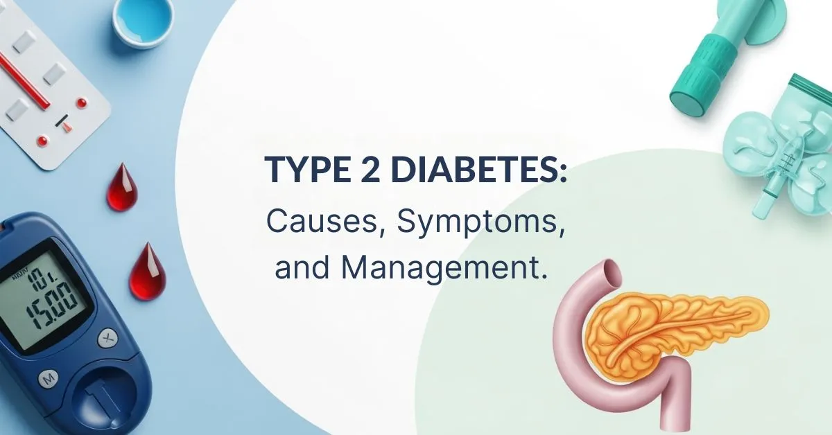 Illustration showing type 2 diabetes concepts, including blood sugar monitoring, symptoms, and management strategies.