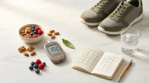 Glucose meter, notebook, walking shoes, nuts and water glass on white marble surface — Type 2 diabetes causes symptoms and management complete guide 2026