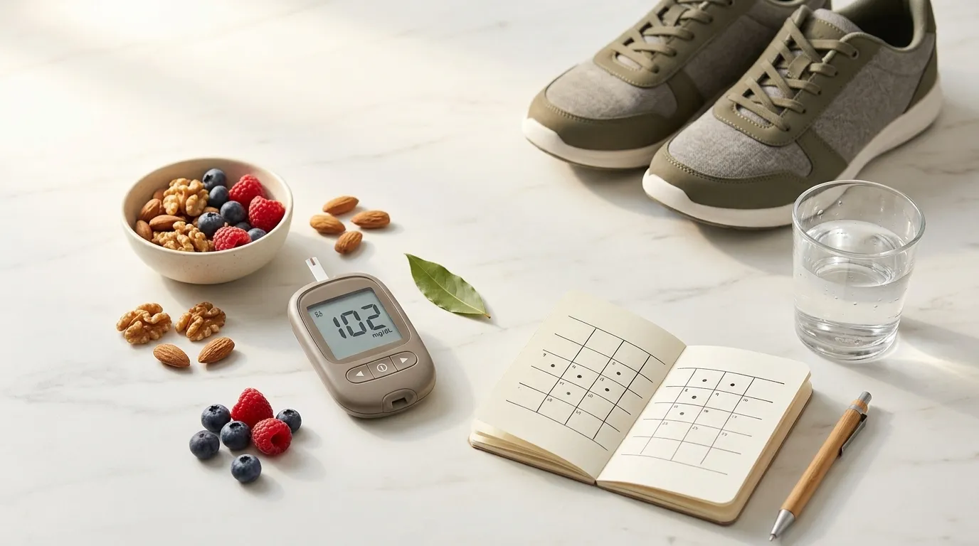 Glucose meter, notebook, walking shoes, nuts and water glass on white marble surface — Type 2 diabetes causes symptoms and management complete guide 2026