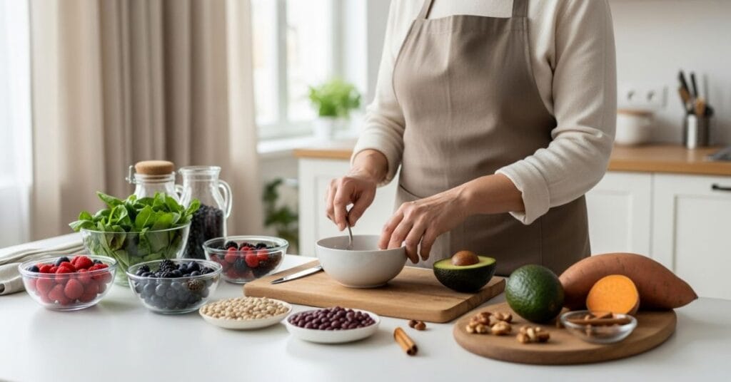 Diabetes-friendly meal with leafy greens, berries, avocado, nuts, legumes, sweet potatoes, and cinnamon, representing balanced nutrition and healthy blood sugar support.