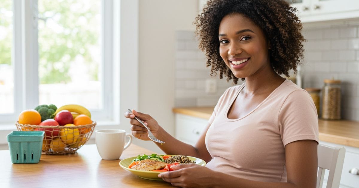 Pregnant woman eating a healthy, balanced meal - A great way to control gestational diabetes.