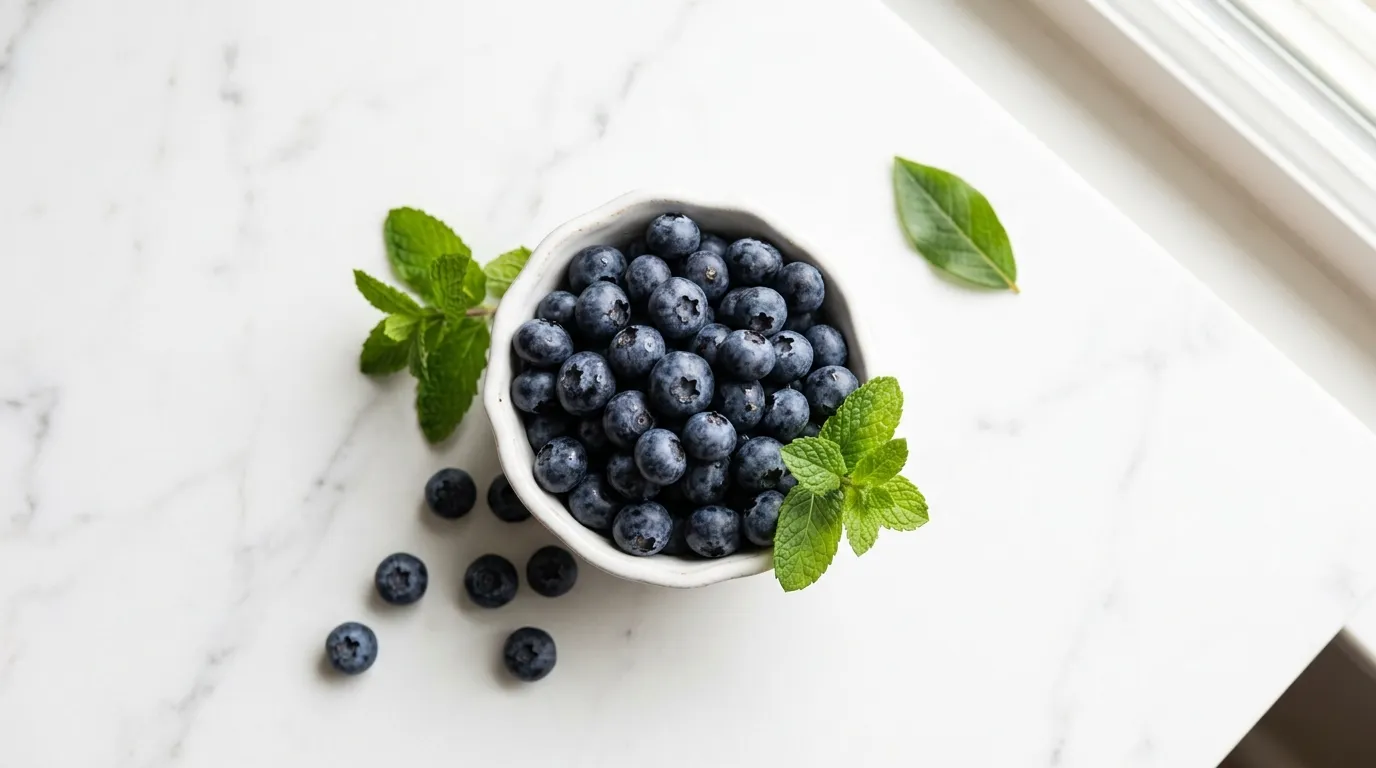 Bowl of fresh blueberries on white marble — blueberries improve insulin sensitivity blood sugar benefit for diabetics