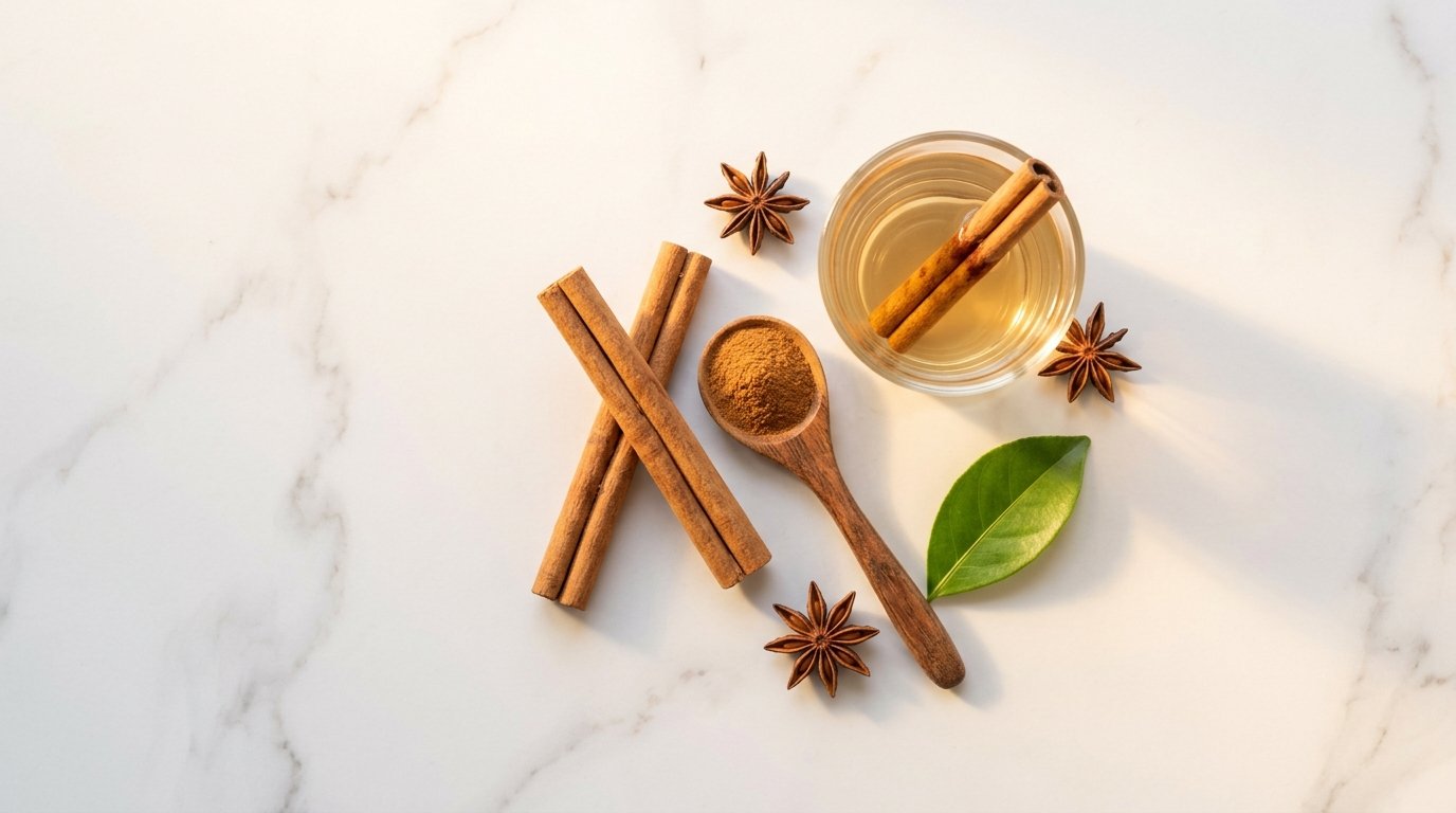 Cinnamon sticks ground cinnamon and warm water tea on white marble — cinnamon reduces fasting blood sugar in diabetics clinical evidence