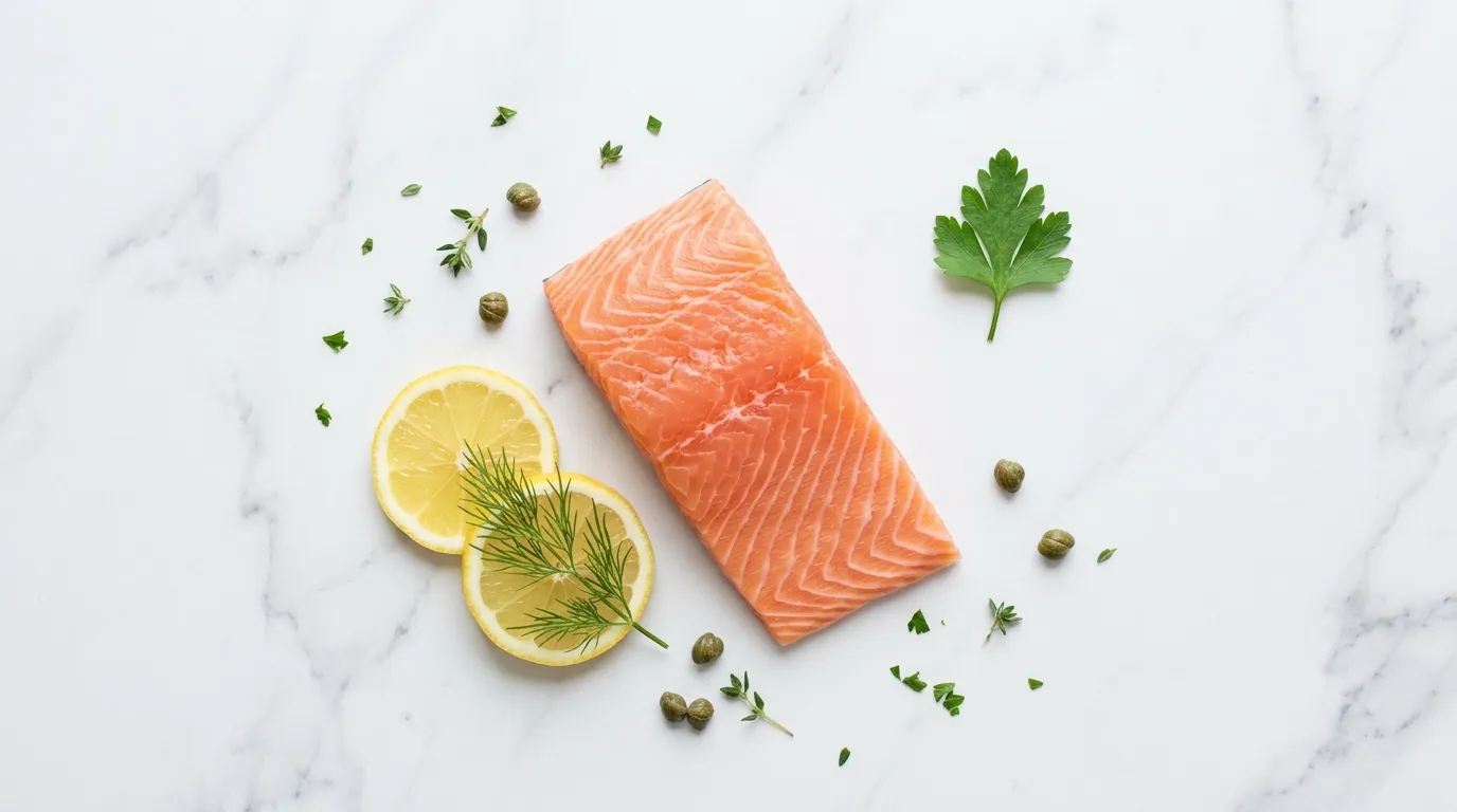 Fresh salmon fillet with lemon and herbs on white marble — fatty fish omega-3 reduces insulin resistance blood sugar