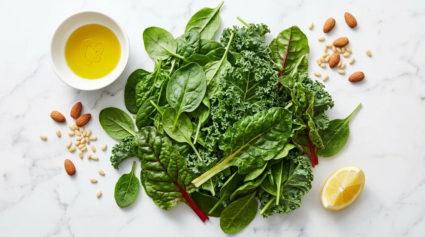 Fresh mixed leafy greens spinach and kale on white marble — leafy greens magnesium insulin sensitivity blood sugar