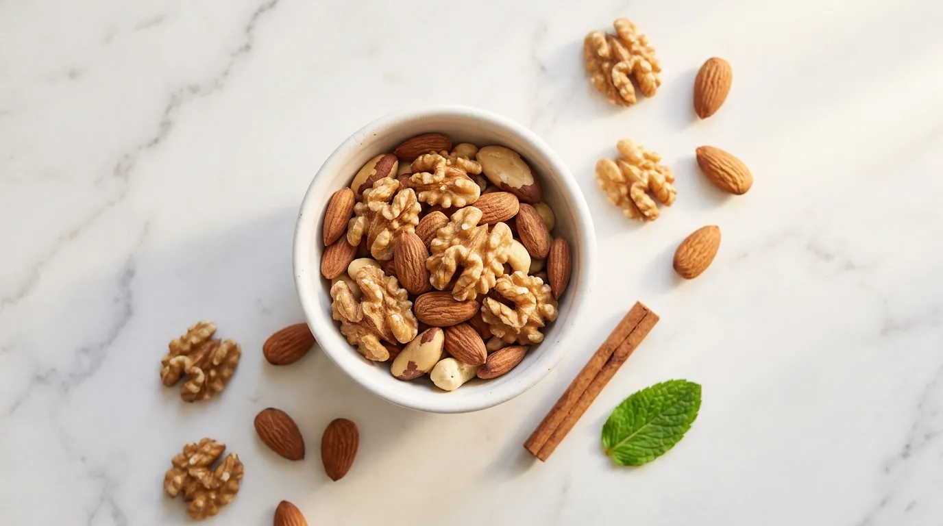 Bowl of walnuts and almonds on white marble — nuts reduce blood sugar A1C insulin resistance in diabetics