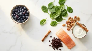 Blueberries spinach nuts Greek yogurt salmon beans and cinnamon arranged on white marble — 7 superfoods diabetics should eat every week blood sugar guide 2026