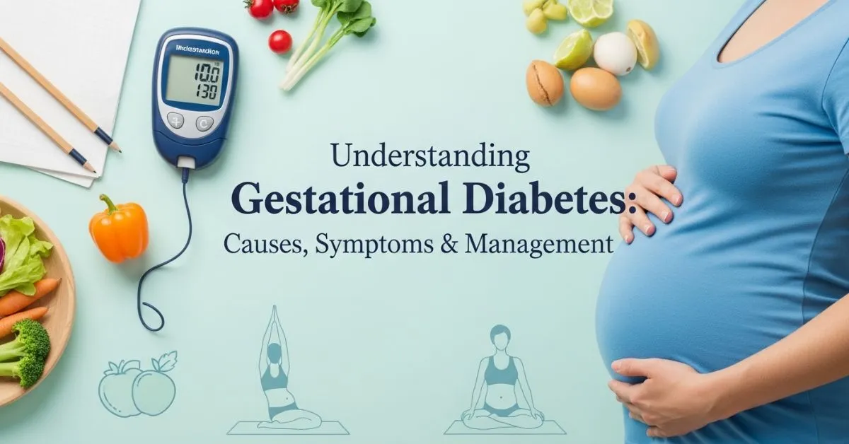Cover image for “Understanding Gestational Diabetes” showing pregnancy, blood sugar monitoring, healthy diet, and prenatal exercise in soft, trustworthy colors.