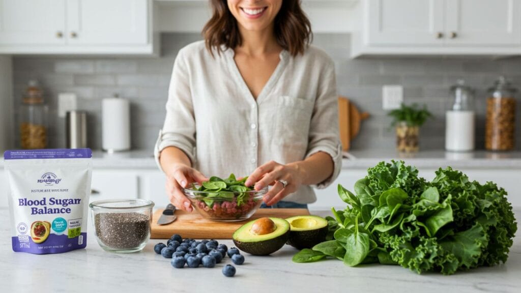 Smiling American woman preparing a healthy meal with avocados, blueberries, chia seeds, and leafy greens on a bright kitchen counter, promoting natural blood sugar balance.