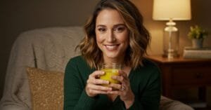 Laura Collins drinking a cup of tea - great for relaxing and helping with diabetes.