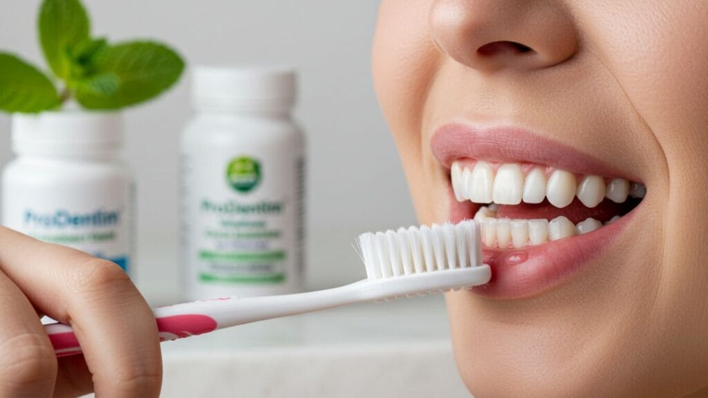 Person brushing teeth with a soft-bristled toothbrush, promoting healthy gums and preventing bleeding. ProDentim probiotics for gum health.