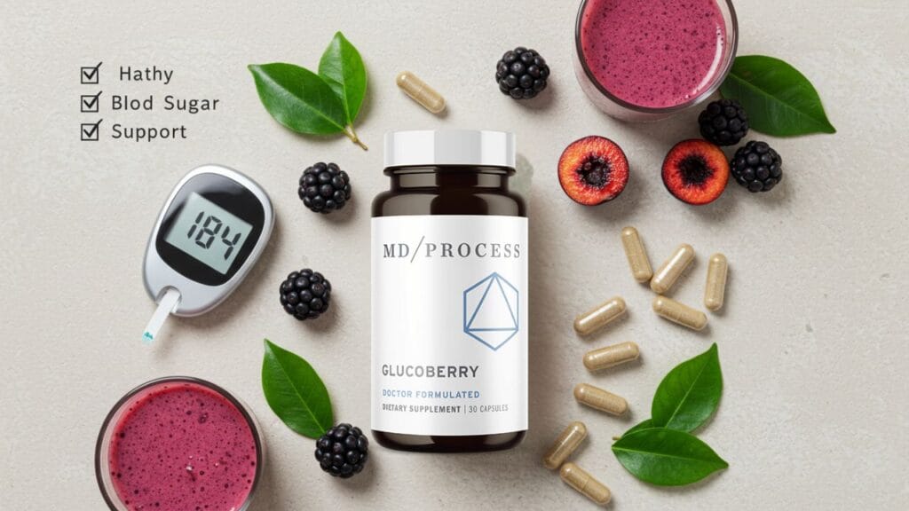 Flat-lay image of GlucoBerry supplement bottle surrounded by maqui berries, green leaves, and capsules, representing natural blood sugar support.