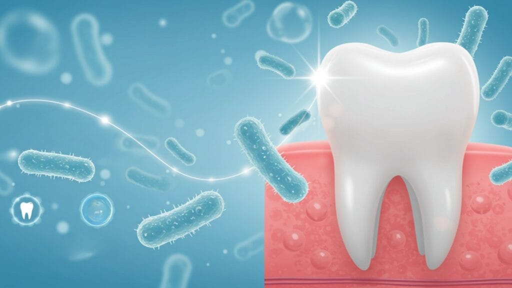 Illustration of a healthy tooth surrounded by beneficial probiotics, representing enamel protection and strengthening