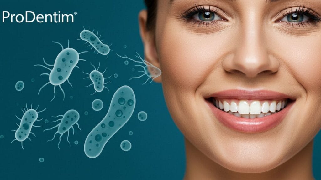 A confident person smiling with fresh breath, symbolizing the benefits of probiotics for oral health. Good bacteria illustrations in the background represent a balanced oral microbiome.
