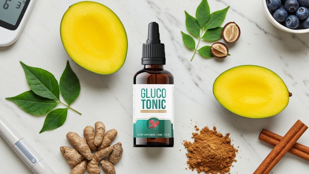 Close-up of GlucoTonic liquid supplement bottle next to fresh berries and blood sugar monitor, showcasing natural ingredients for glucose control