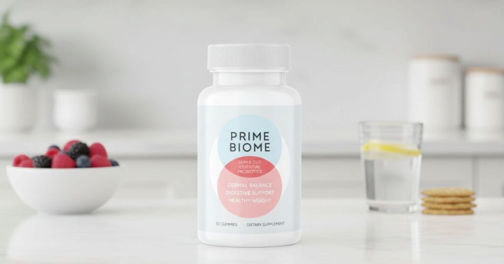 Prime Biome gut health gummies bottle on clean background, digestive and microbiome support supplement, 2025 review.