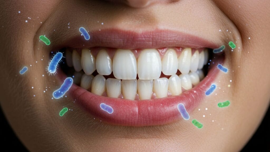 Close-up of a bright, healthy smile with illustrated probiotics promoting oral health and strong teeth.