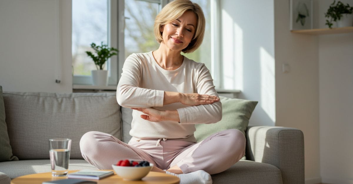 Confident healthy woman in her mid-40s doing a light morning stretch in a bright, cozy home. She wears soft pastel casual clothes. Nearby are a glass of water, a bowl of fresh berries, and a notebook, symbolizing daily wellness habits. Sunlight fills the room, creating a warm, inviting atmosphere.