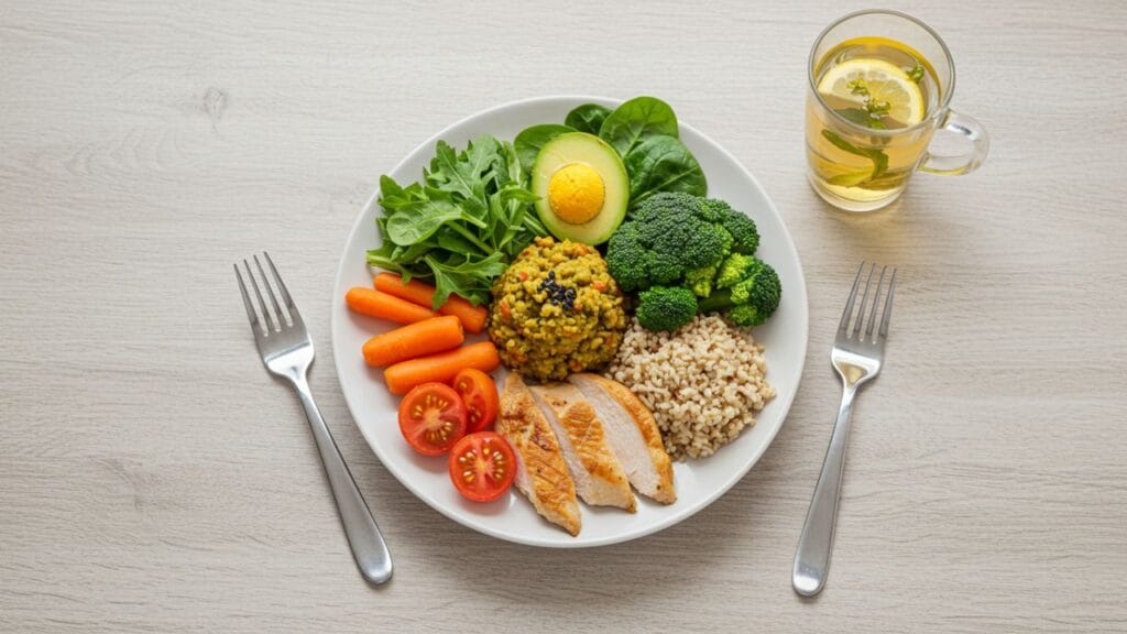 Balanced plate with colorful vegetables, lean grilled chicken, brown rice, and a glass of water — healthy meal for managing blood sugar levels in people with diabetes.
